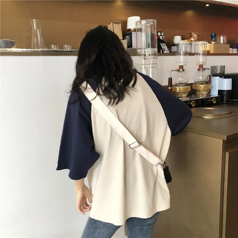 Women 5 Quarter Short Raglan Sleeve T-shirts Casual Patchwork Loose PopularO-neck Lazy Korean Style Simple Vintage584_voghion.com