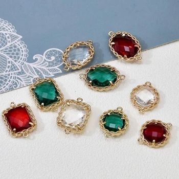

6pcs/lot Double hanging round square crystal glass Charms pendant Connector For DIY Fashion jewelry material accessories