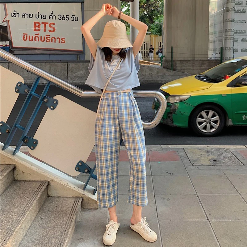 HOUZHOU Summer Checkered Pants Women 2020 Plaid Pants Korean Style Wide Leg Pants Casual Loose High Waist Straight Trousers HOUZHOU Summer Checkered Pants Women 2020 Plaid Pants Korean Style Wide Leg Pants Casual Loose High Waist Straight Trousers