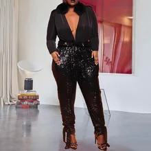 Sexy V Neck Black Sequins Party Night Club Long Jumpsuit Oversized XL-5XL Plus Size Overalls Women Long Sleeve Jumpsuits Rompers