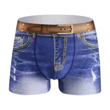 New Sexy 3D Printed Imitation Belt Denim Boxer Briefs Men Underwear Cotton Shorts U Convex Pouch Panties Briefs Erotic Lingerie