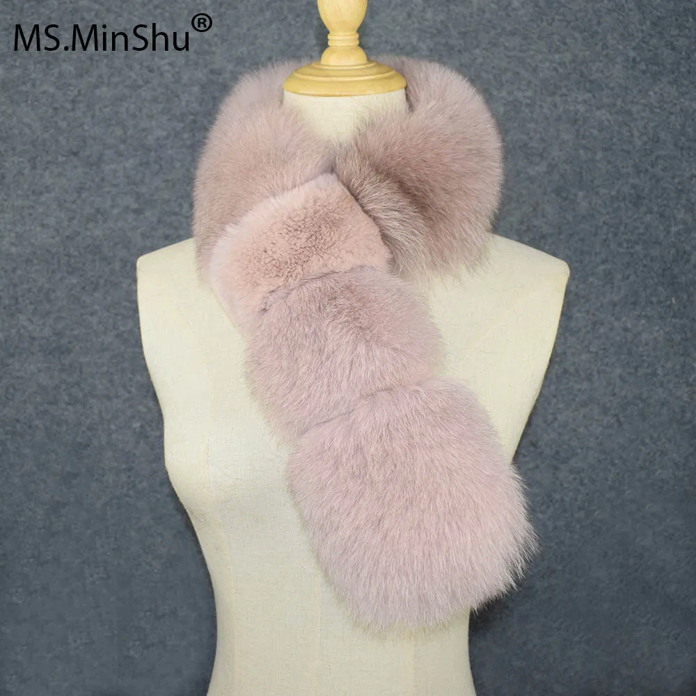 dark pink MS. Minshu лисий мех шарф с мехом кролика рекс лоскутный Шарф Модный женский натуральный Лисий мех воротник - Цвет: dark pink