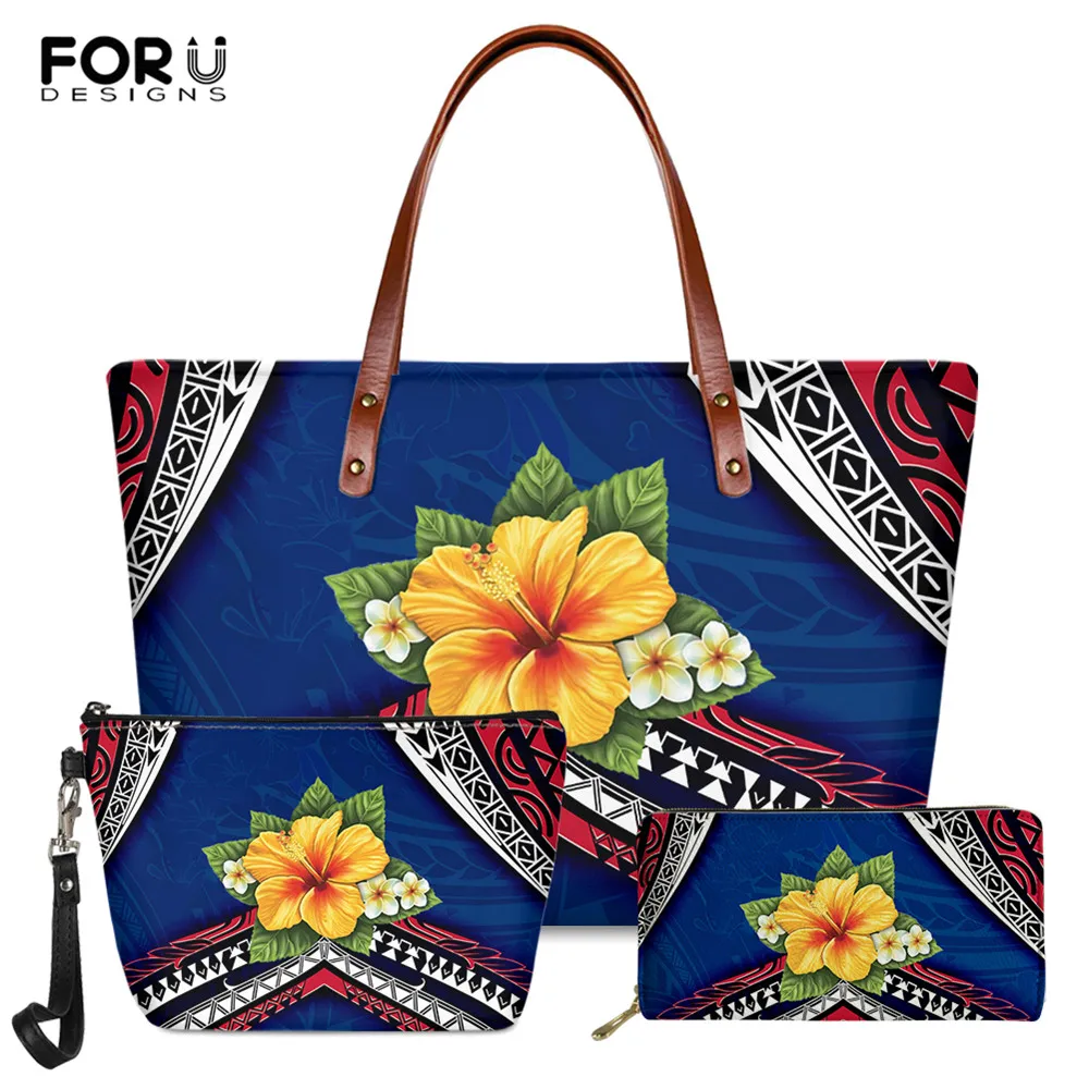 

FORUDESIGNS Polynesian Samoa Tattoo Pattern Women Large Handbag 3pcs Hawaiian Hibiscus Flower Design Luxury Tote Bag for Ladies