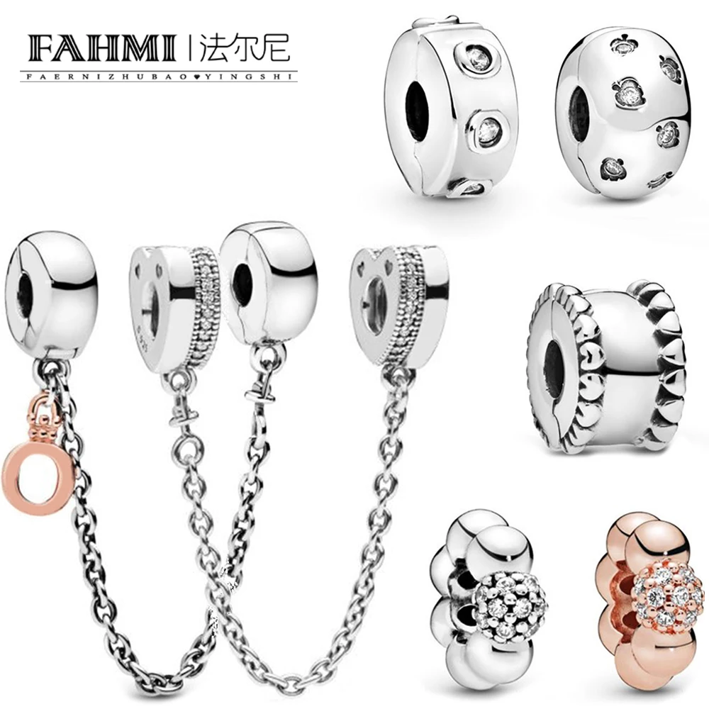 

FAHMI 2019 Autumn New Trailer Rose Polished Dangling Crown O Safety Logo Heart Safety Chain Leaves Clip DIY Charm Bracelet