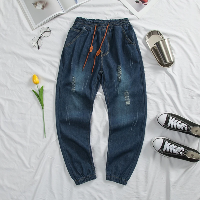 Black Friday Drawstring Jeans Men's Fashion Washed Retro Casual Ripped Jean Pants Men Streetwear Loose Hip Hop Denim Trousers Mens M-5XL