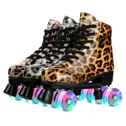 XUDREZ  Double Line Skates Patines leather Artificial Sneaker Roller Skates Adult Sliding Quad Sneakers Leopard Pu Flash Wheels