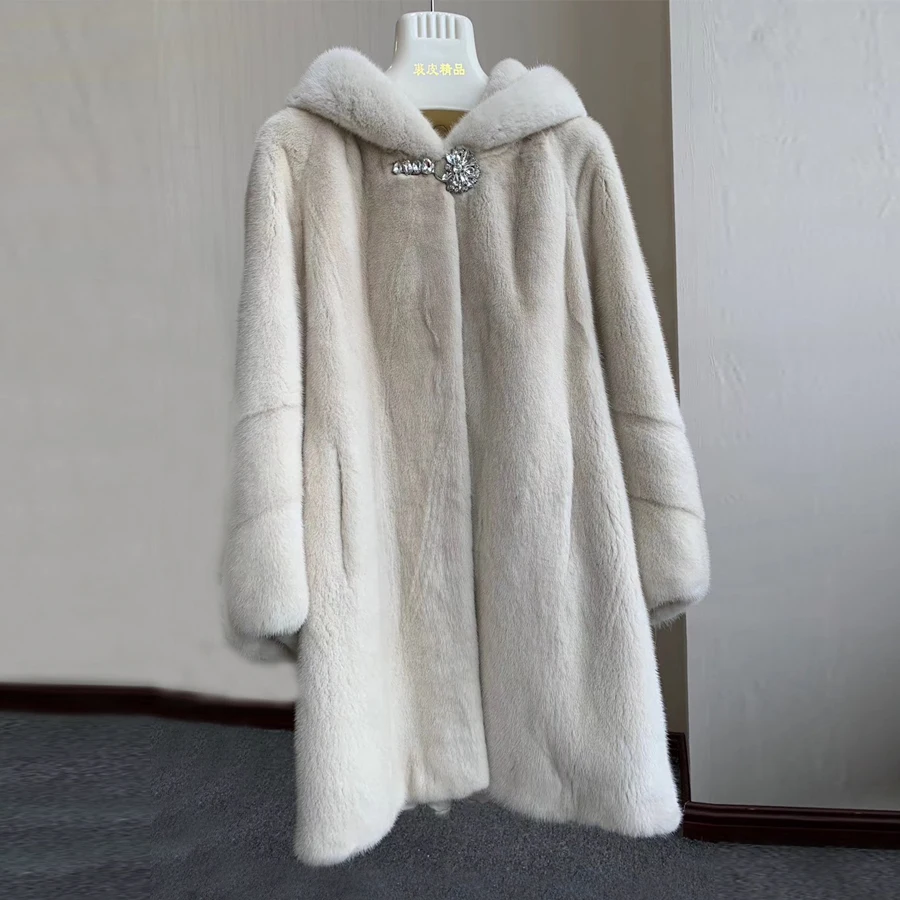 

2019 Luxurious Imported Mink Fur Coats with hood natural mink fur coat fashion warm long full pelt For Women