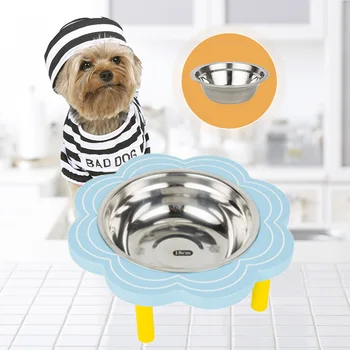 

New Creative Wooden Frame Thick Stainless Steel Dog Bowl Cat Bowl Flower Shape Cute Pet Food Bowl Pet Supplies