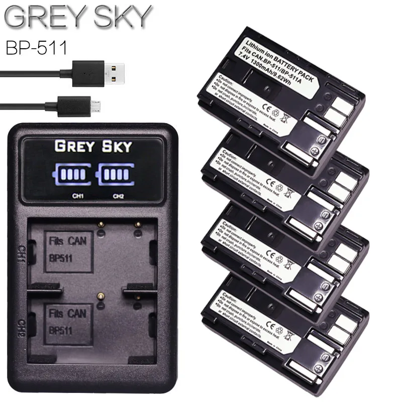 charger and 4battery Powertrust 4 шт. BP-511A BP-511 Камера Li-Ion Батарея+ светодиодный USB двойной Зарядное устройство для цифровой однообъективной зеркальной камеры Canon EOS 5D 50D 40D 20D 30D 10D 1D D60 300D D30 - Цвет: charger and 4battery