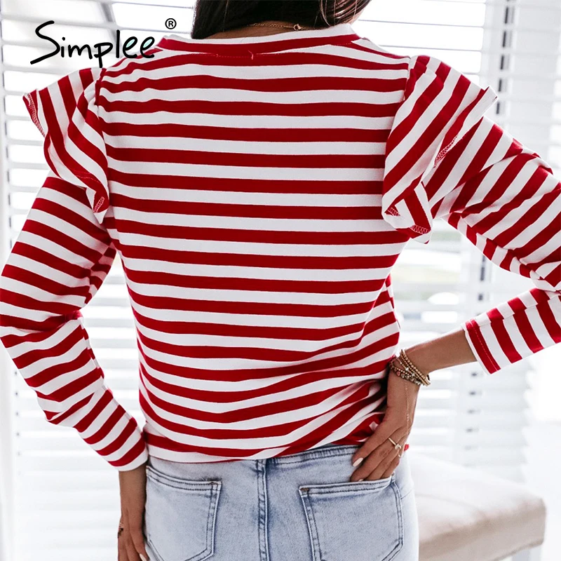 Simplee Causal Long Sleeve Red White Striped Tops For Female Autumn Winter Ruffled Base Shirt 2020 Streetwear O-neck Women Tops