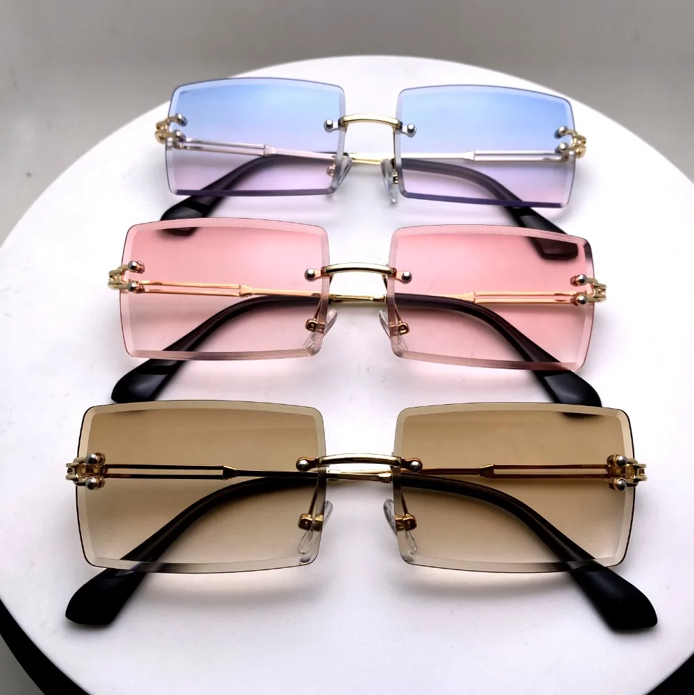 purple sunglasses Rimless Sunglasses Rectangle Fashion Popular Women Men Shades  Small Square Sun Glasses For Female Summer Traveling Brown Oculos big sunglasses for women