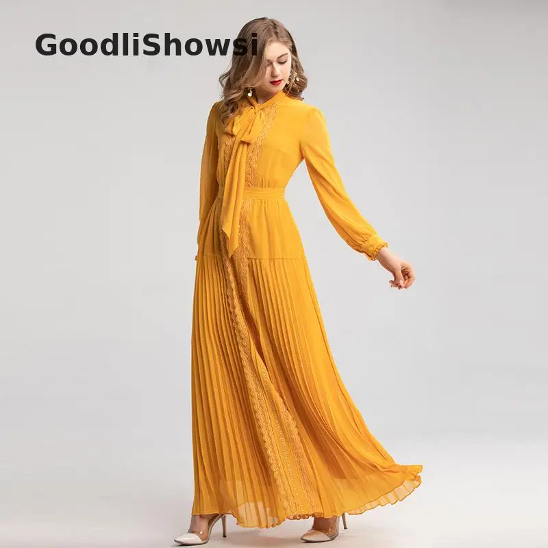 GoodliShowsi, Модное Элегантное Длинное Макси платье, одноцветное, с бантом, воротник, официальное платье с аппликацией, женское плиссе в гармошку, платья