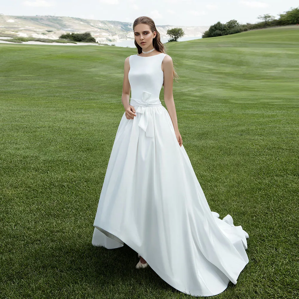 

2020 High Low Sheath Satin Wedding Dresses Robe De Mariee Beading Appliques Buttons Up Back Bow Simple Wedding Gowns