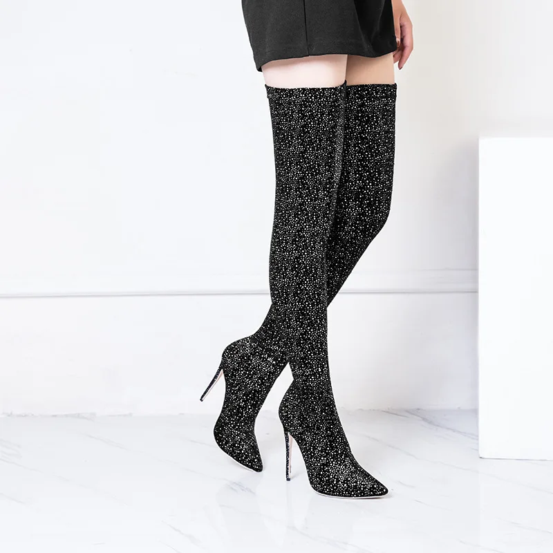 KATELVADI Women's Boots Winter Over The Knee Boots Black Stretch Fabric Catwalk Show Boots Size 34-45 K-579
