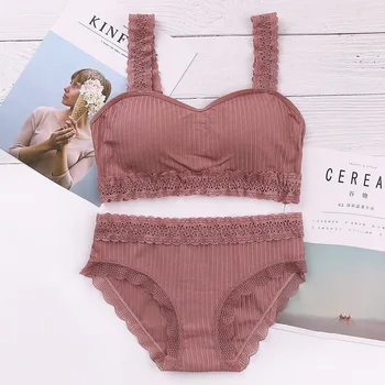 

Ladies Lace Sweet Bra Set Cotton Seamless Tube Top Panties Breathable Wire Free