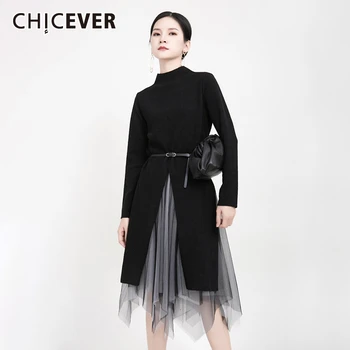 

CHICEVER Irregular Patchwork Two Piece Set Women Turtleneck Knitted Split Sweater Mesh Asymmetrical Skirt Female Suits 2020 New