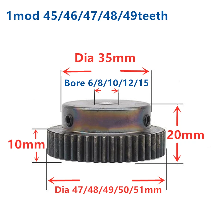 1 шт. Шестерня зубчатой передачи 1mod 45 зубьев 46 47T 48T 49T диаметр отверстия 6 мм-15 мм