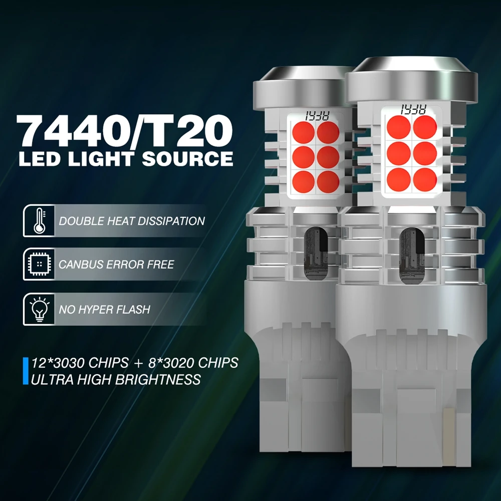 

1x2x 7440 Signal Lamp T20 Led Bulb 12pcs 3030 & 8pcs 3020 Chips 7440 Canbus Reverse Backup Turn Signal Light White Red Amber