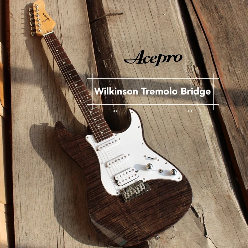 

In Stock High quality Acepro Electric Guitar, 2 pc Mahogany Body Transparent Black Flame Maple top, Wilkinson Tremolo Bridge