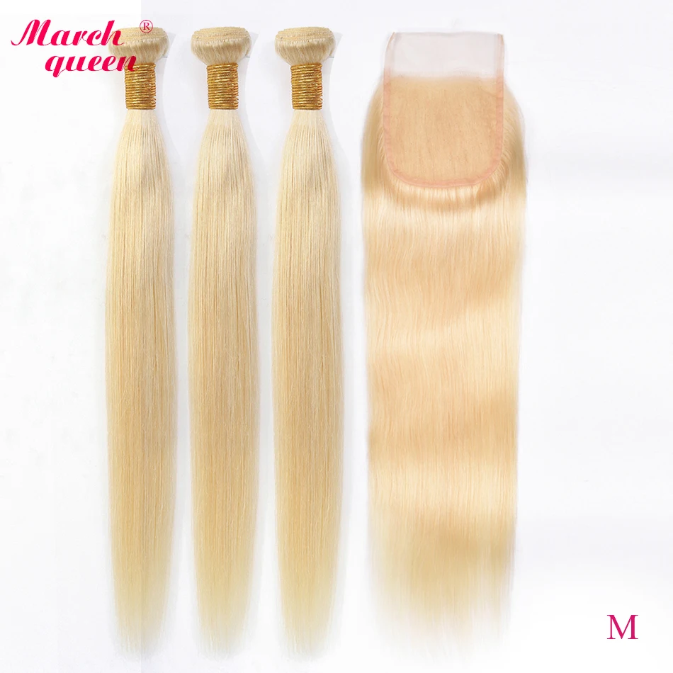 

Marchqueen 613 Honey Blonde Straight Indian Human Hair Bundles with Closure Medium Ratio Remy Hair Bundles with Closure