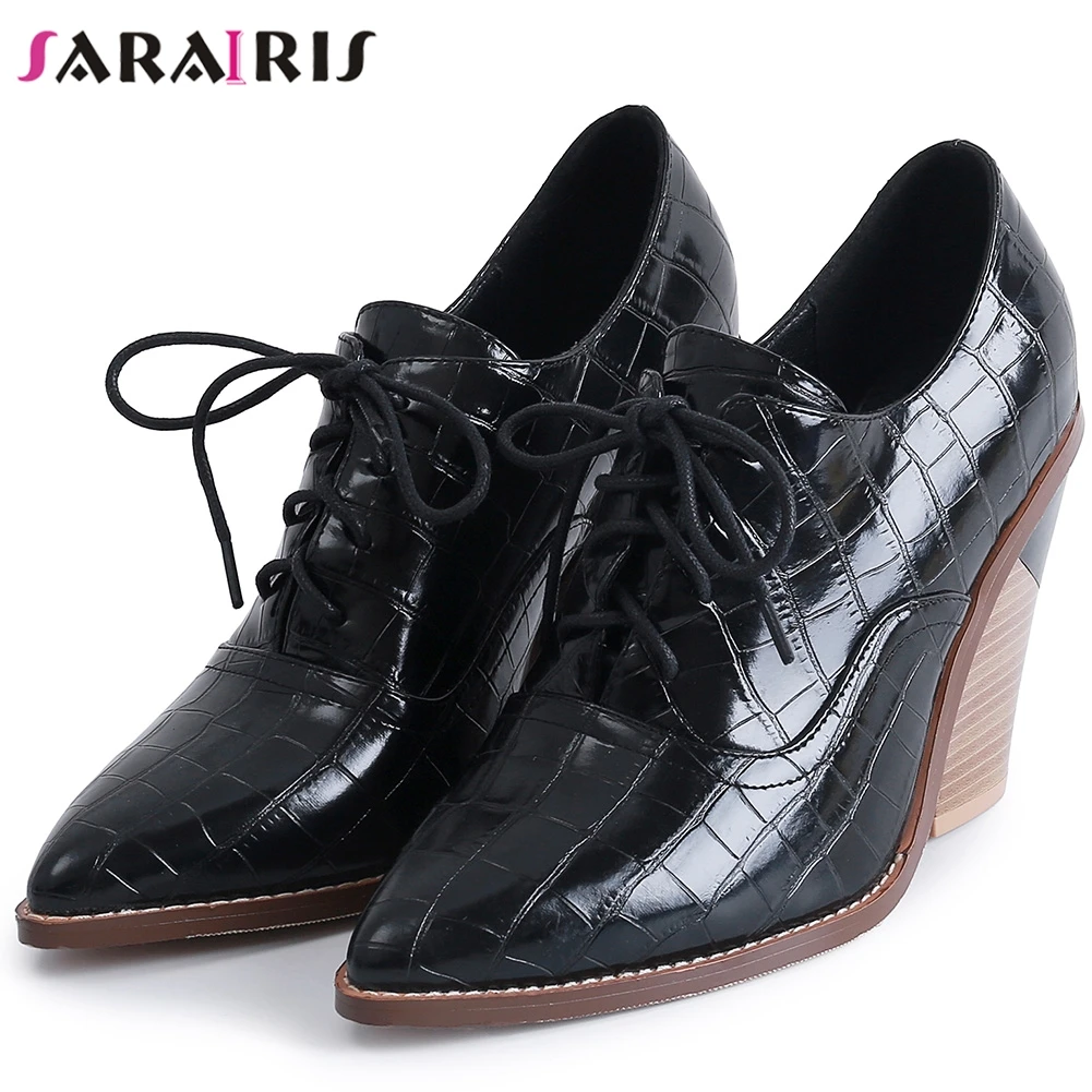 

SARAIRIS New Arrival 33-44 Brand Design Pointed Toe Pumps Women 2019 OL lace-up Fretwork Pumps High Heels Shoes Woman