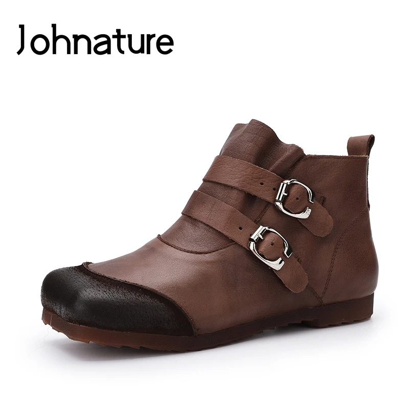 

Johnature Retro Ankle Boots Genuine Leather 2020 New Autumn Winter Women Shoes Square Toe Zip Flat With Sewing Platform Boots