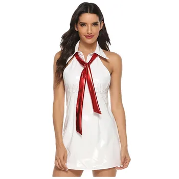 

Artificial Leather Sexy Lingerie Women Sleeveless Open Back Nightdress With Tie For Woman Solid Erotic Underwear Babydoll Porno