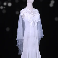 Bridal Cape Handmade Wedding Accessories Simple Shawl Bridal Lace Veil Bride Pearl  Tulle Cape  White Cape Wedding Shawl