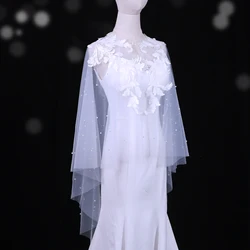 Bridal Cape Handmade Wedding Accessories Simple Shawl Bridal Lace Veil Bride Pearl  Tulle Cape  White Cape Wedding Shawl