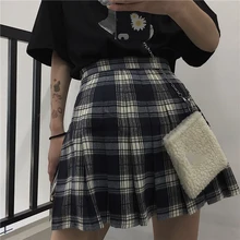Корейская женская юбка трапециевидной формы в стиле Харадзюку, милая клетчатая плиссированная юбка выше колена, Повседневная винтажная мини-юбка с высокой талией