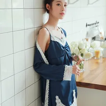 Женский летний имитационный шелк Сексуальная двухсекционная Пижама французская вышивка кружева двухсекционная Ночная сорочка на бретельках домашняя одежда