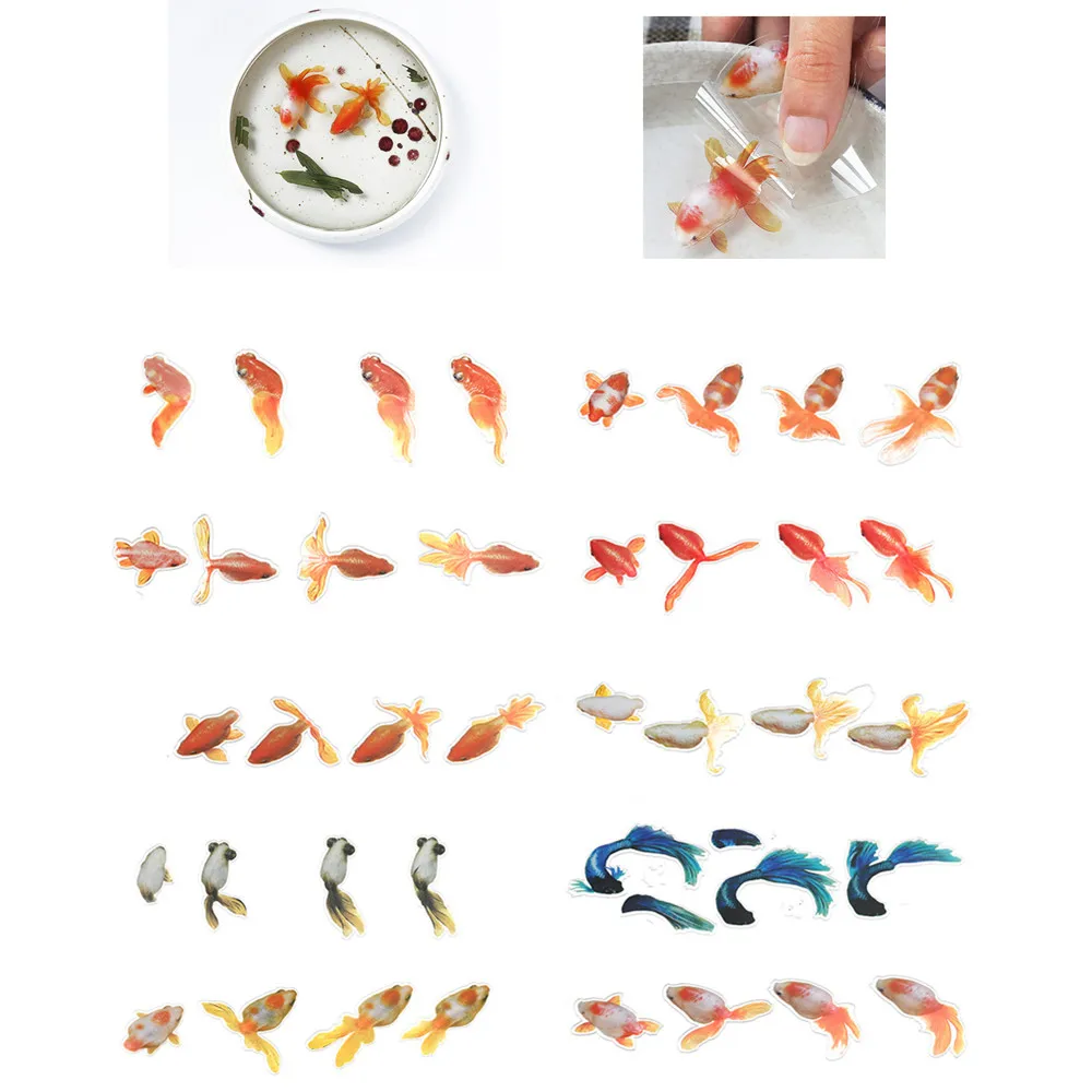 1Set 3D Goldfish Blue Fish Tail Clear Water Grass Film Sticker Epoxy Fillings Carft for Resin Goldfish Painting Jewelry Supplies