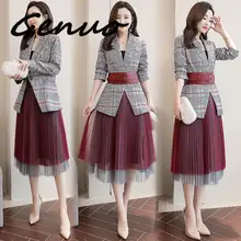 Genuo, новинка, модный клетчатый Блейзер, сетчатая юбка в складку, костюм, набор, для девушек, официальный Блейзер, юбка, комплект, пиджак, юбка, костюмы для женщин