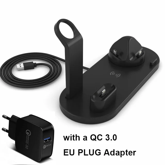 Black with EU PLUG 4 в 1 Беспроводное зарядное устройство для iPhone X Xs Max XR 8 QI быстрая зарядная док-станция для Airpod Android смартфон подставка для Apple Watch - Тип штекера: Black with EU PLUG