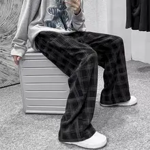 

High Street Y2k Corduroy Plaid Pants Female Black Autumn Winter Thicken Male Hip-hop Casual Trousers Wide-leg Straight Bottoms