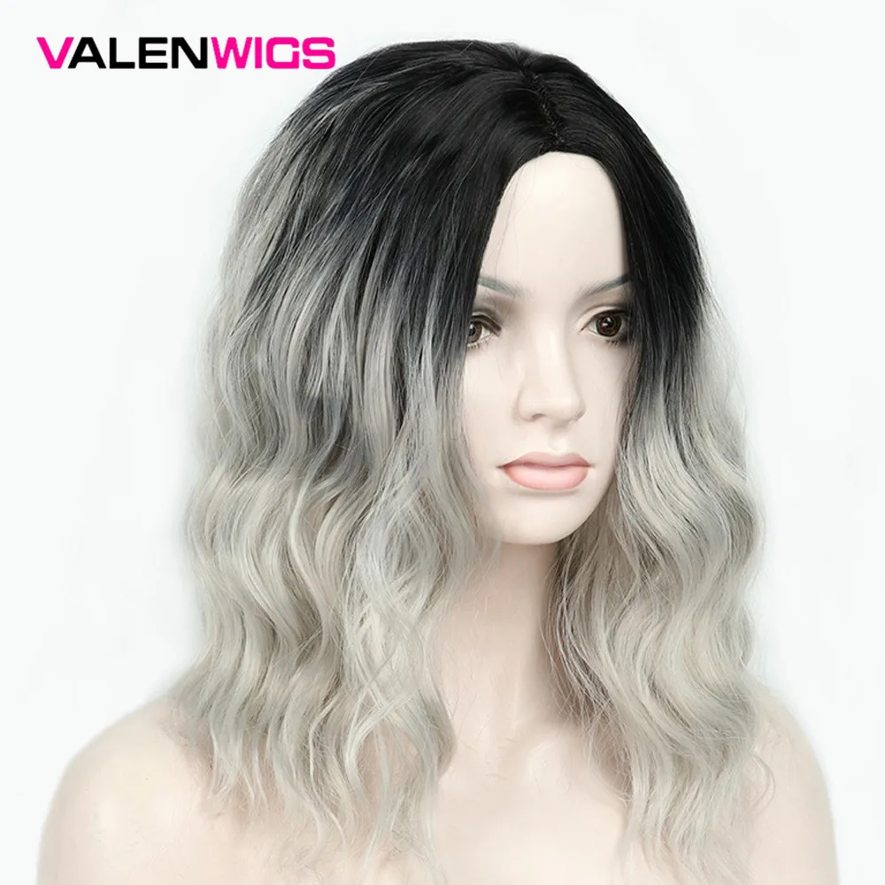 ValenWigs 1" натуральный эффектом деграде(переход от темного к парик коричневый смешанный светлые/Краска для волос, Серебряно-серый средняя часть Волнистые Синтетические волокна парики для Белый Черный Для женщин