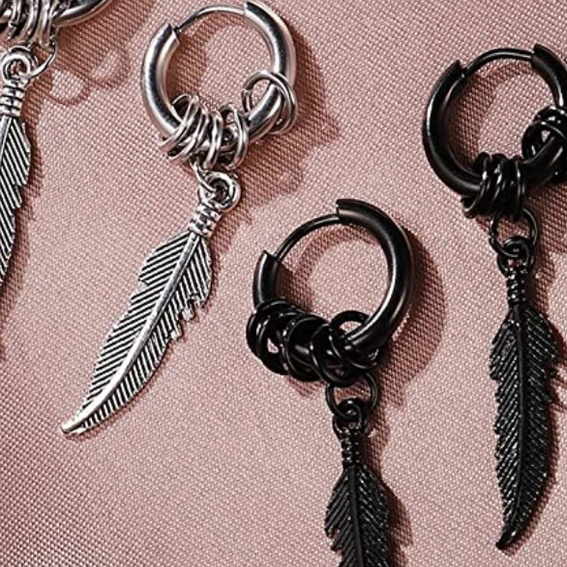 2 Pairs Fashion Cross Feather Stud Earrings Punk Rock Style For Women Men High Quality Stainless Steel Hiphop Ear Jewelry