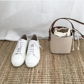 

2020 new popular canvas and leather PU leather bucket bag hit color casual small bag shoulder messenger female fashion bag