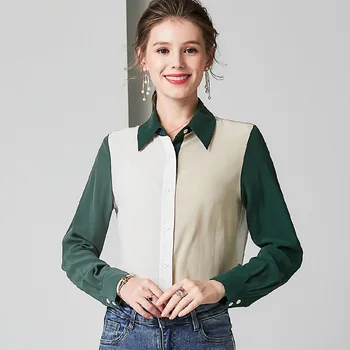 

Pure Silk Blouse Green Long Sleeve Shirts Autumn Blouses Office Ladies Tops High Quality Woman Clothes Fall Casual Top za camisa