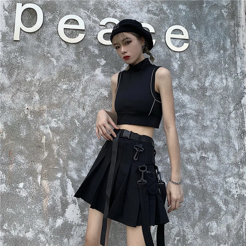 Ooling Стиль Маленькая мода уличная личность Harajuku стиль лето дикий ретро плюс пояс карман Высокая талия плиссированная юбка