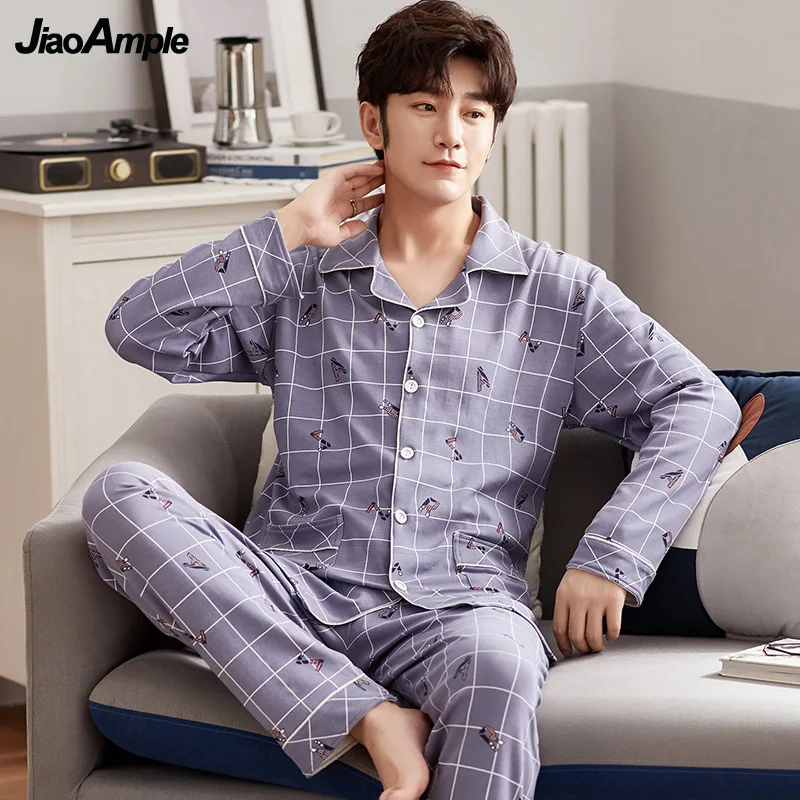 Men's Pajamas Spring Autumn Cotton Long-sleeved Trousers Pijamas Two-piece 2021 New Cardigan Lapel Loose Sleepwear Homewar Set men s pajamas 2021 autumn winter cotton long sleeved trousers pijamas two piece male sleepwear loose home clothes suit