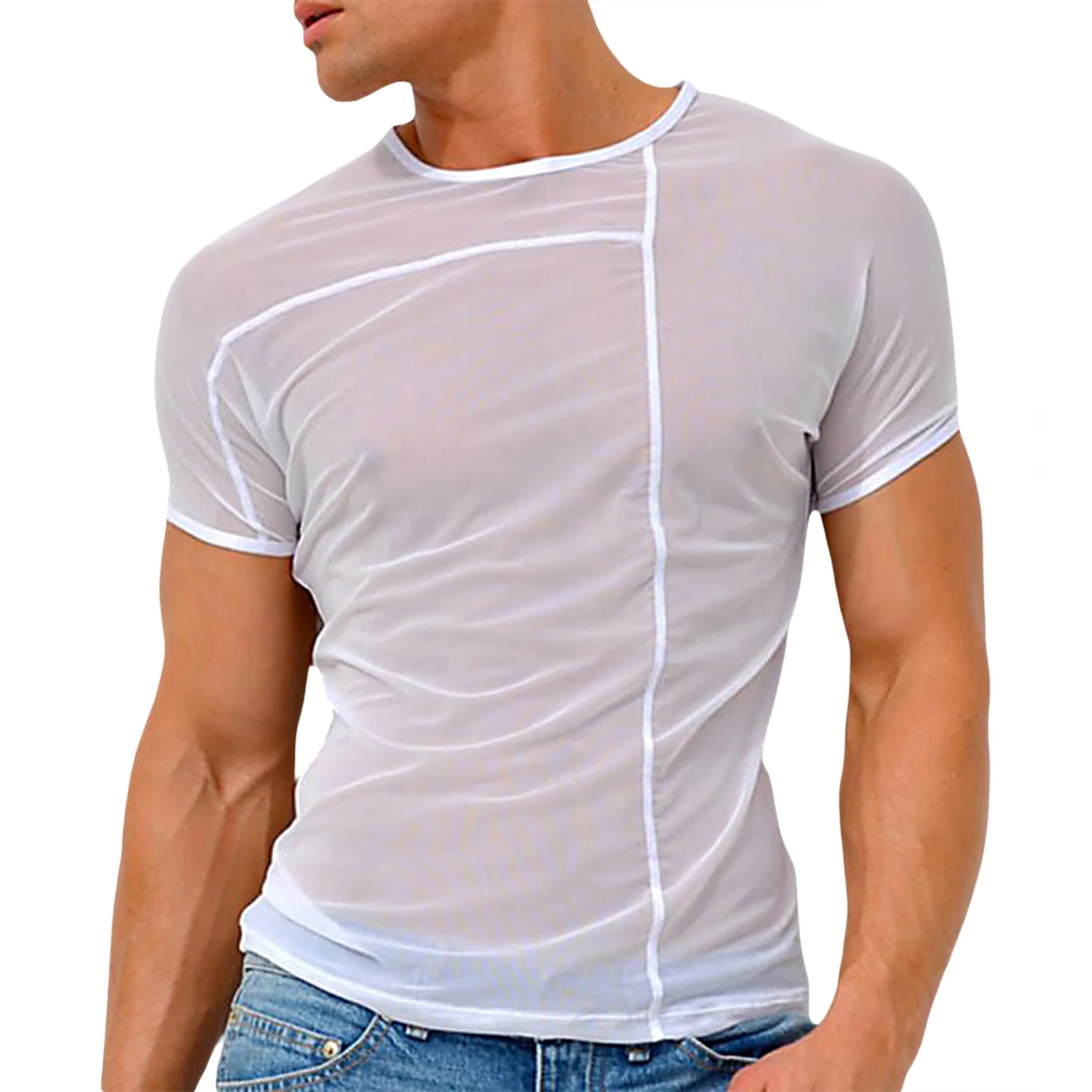 Newest Arrival Men Summer Mesh Tops Cover-Ups Solid Color Round Neck Short Sleeve Pullover See-Through Blouse for Summer white bikini cover up Cover-Ups