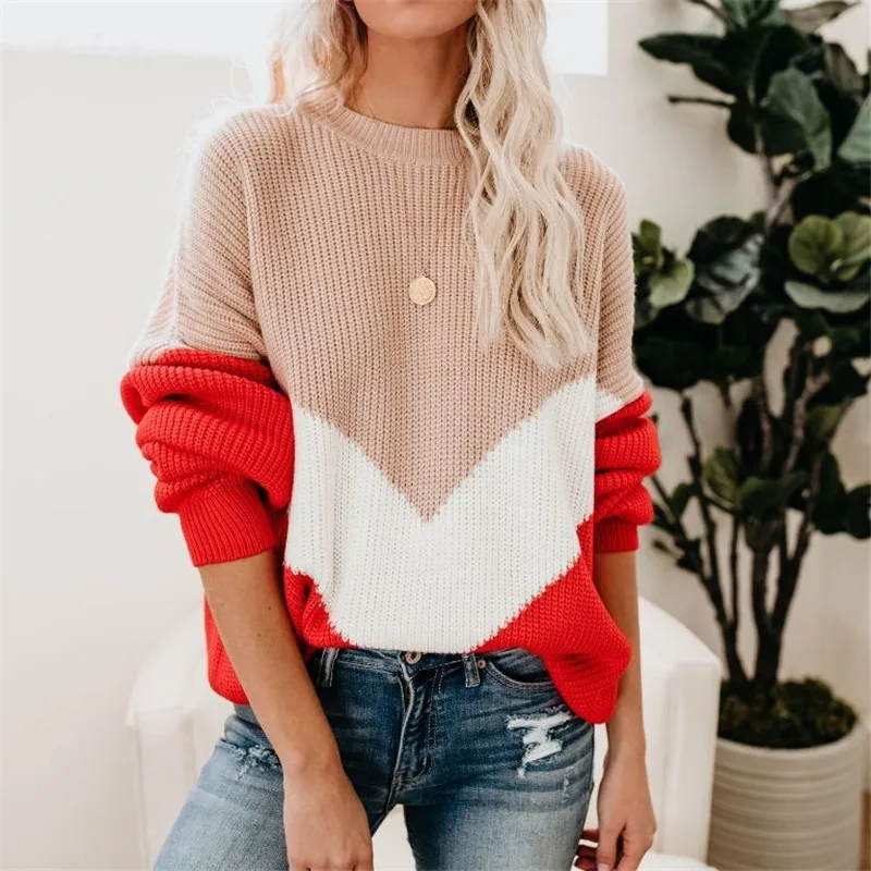 Loose Knitted Sweater Women Jumpers Long Sleeve o-neck Woman Pullovers Sweater 2021 Autumn Winter Color Block Casual Sweater New 2