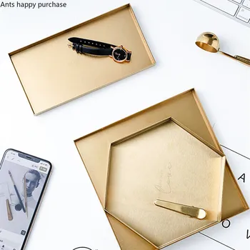 

Nordic Style Golden Stainless Steel Tray Rectangle Hexagon Storage Tray Organize Disk Metal Dessert Cake Pan Photography Wobble