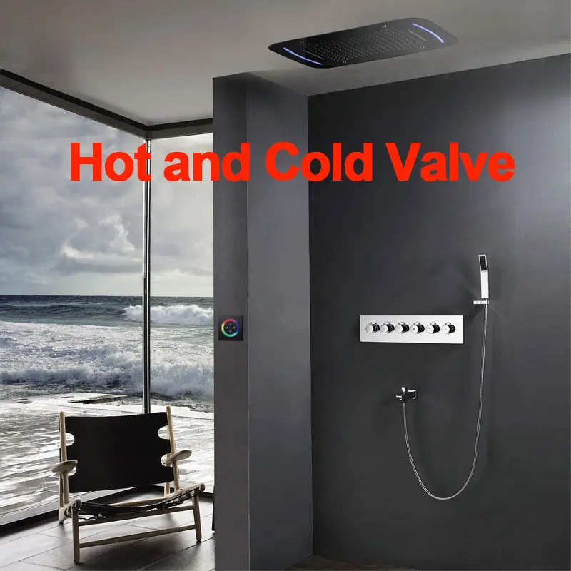 Hot and Cold Душевой набор для ванной, термостатический смеситель, смесители для душа, светодиодный потолочный Душ с дождевой насадкой, туманный дождевой Душ, водопад с горкой - Цвет: Hot and Cold