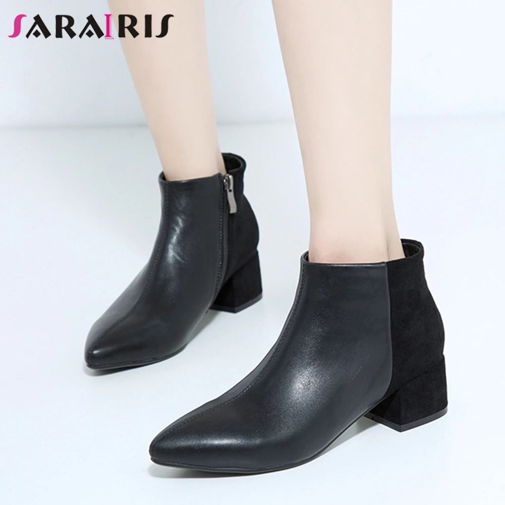 

SARAIRIS 31-43 Elegant Patchwork Booties Ladies Black Pointed Toe Ankle Chelsea Boots Women 2019 Chunky Heels OL Shoes Woman