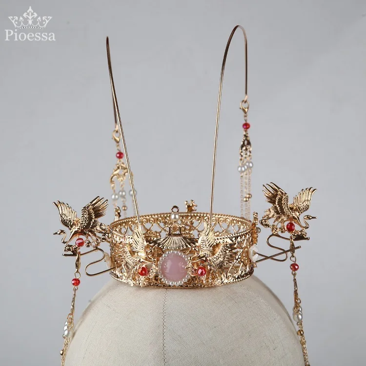 

Pioessa Traditional Chinese Crown for Bride Wedding Hair Accessories Rhinestone Beaded Tiaras Earring Headdress Bridal Jewelry