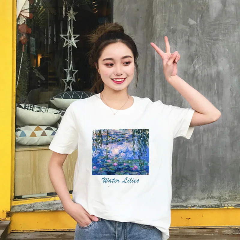 

Women's Summer Fashion Water Lilies Monet Print Casual New Fashion Big Size Letter Cartoon Oil Painting Harajuku O-Neck T-Shirt