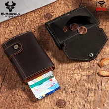 HUMERPAUL RFID Blocking Card Holder Wallet Men Automatic Pop Up ID Card Case Crazy Horse Leather Male Coin Purse Aluminium Box