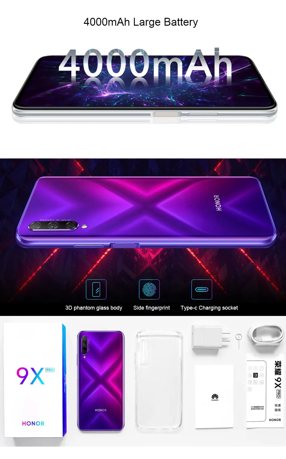 Мобильный телефон honor 9x pro, 6,59 дюймов, 8 ГБ ОЗУ, 128 Гб/256 Гб ...